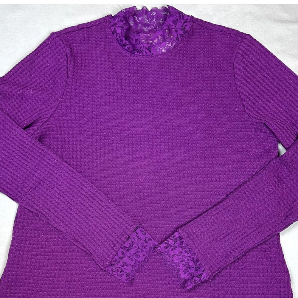 LOGO by Lori Goldstein Thermal Lace Top Women XS Purple Sparkle‎ Cozy